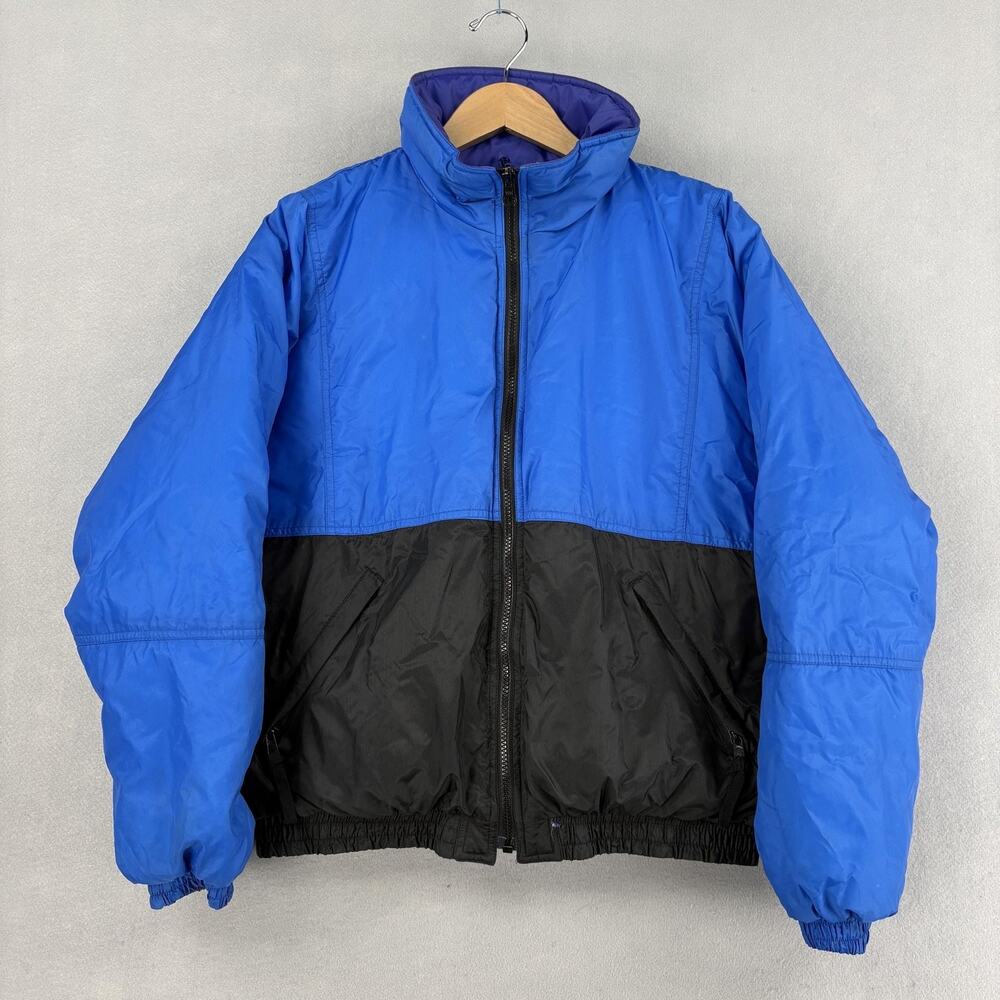 Vintage Eddie Bauer Jacket Mens Large Blue Black Reversible Down Puffer Ski